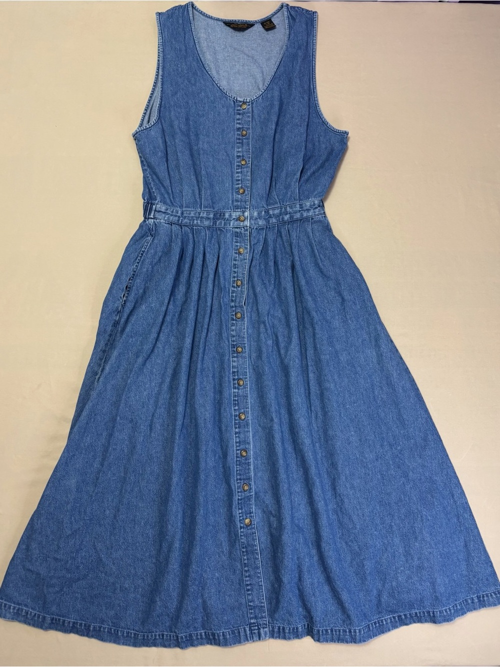 Eddie Bauer Vintage 90's Sleeveless Blue Denim Button-Front Midi Dress Large